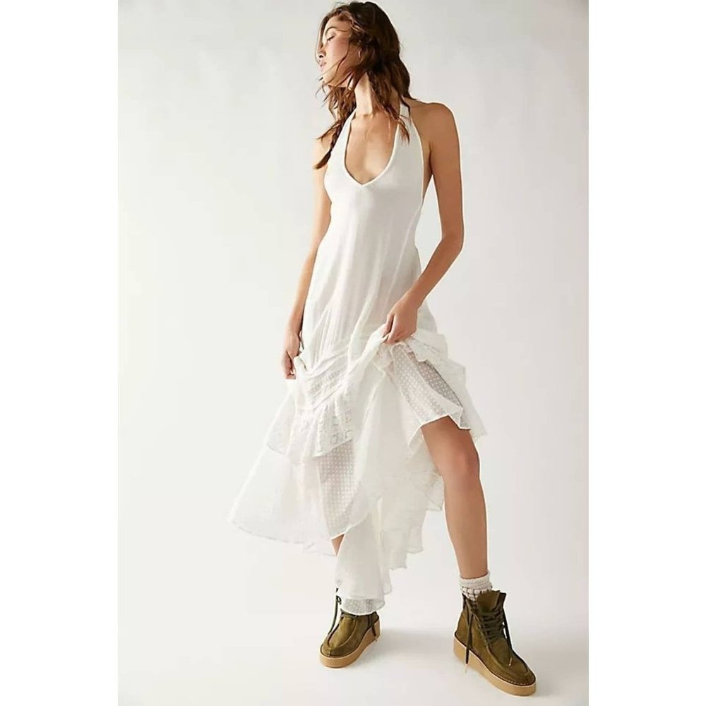 New women's sz lg free people white lace gauzy halter tie dress slice of heaven - Picture 1 of 6